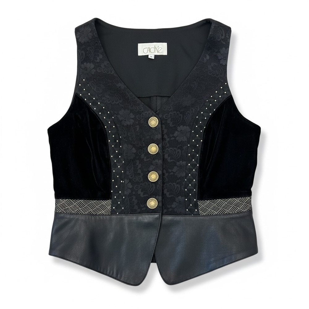 Cach Mixed Media Leather Patchwork Vest Black Vel… - image 1